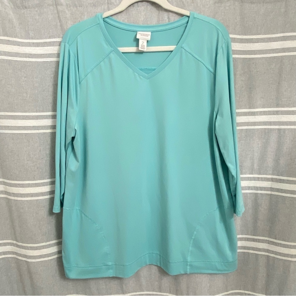 WEEKENDS BY CHICOS / 3/4 Sleeve Teal Tunic Top pockets Size 2 (L/12)
